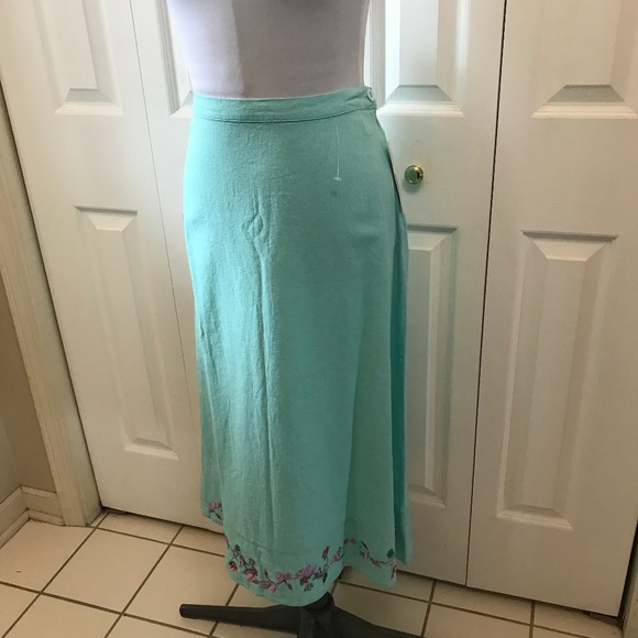 Birch Hill Aqua Linen/Rayon Skirt Floral Embroider - Picture 4 of 8
